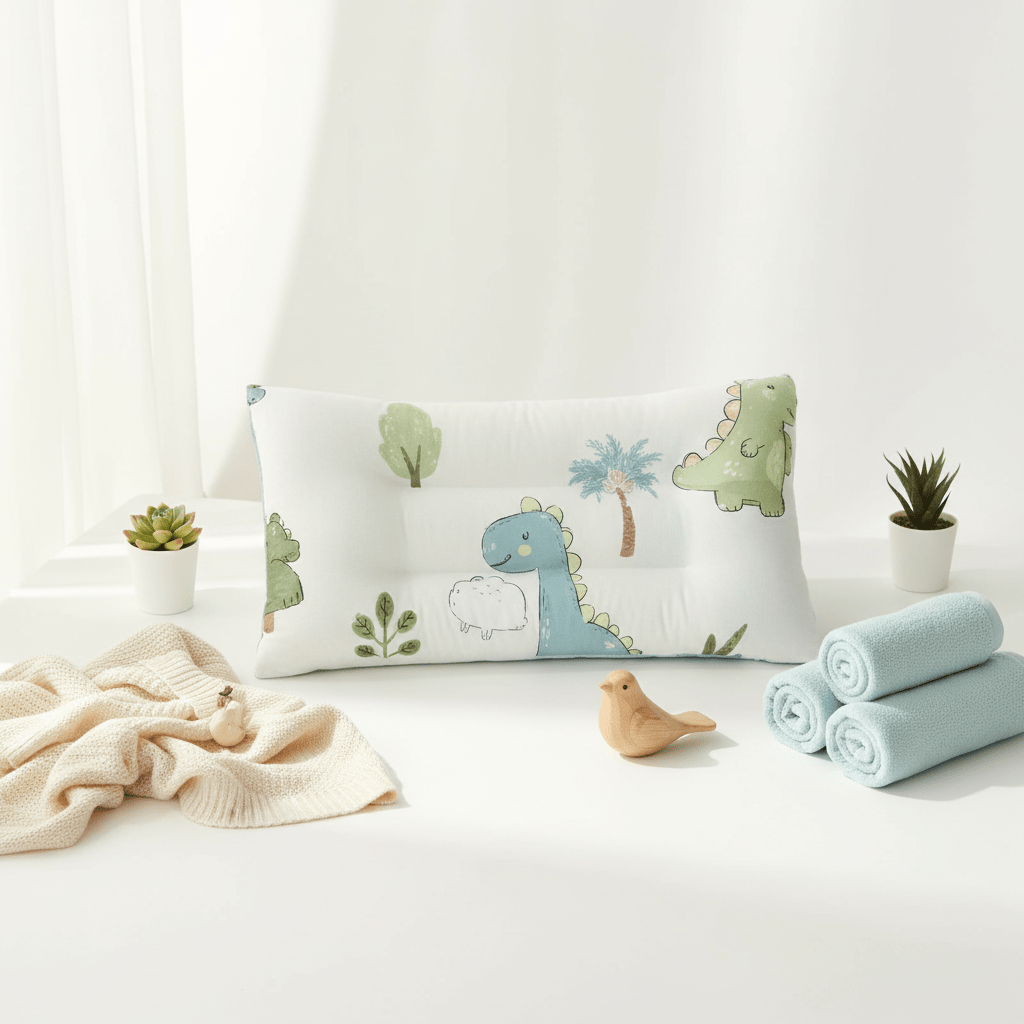 Oreiller bébé motif dinosaure bleu et vert 