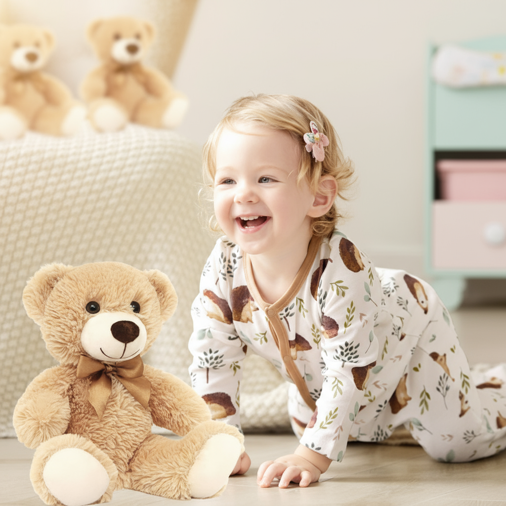 Ours en peluche beige dans chambre pour bébé 