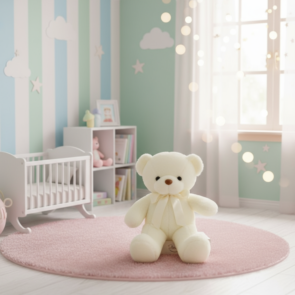 Ours en peluche beige dans un décor de rêve