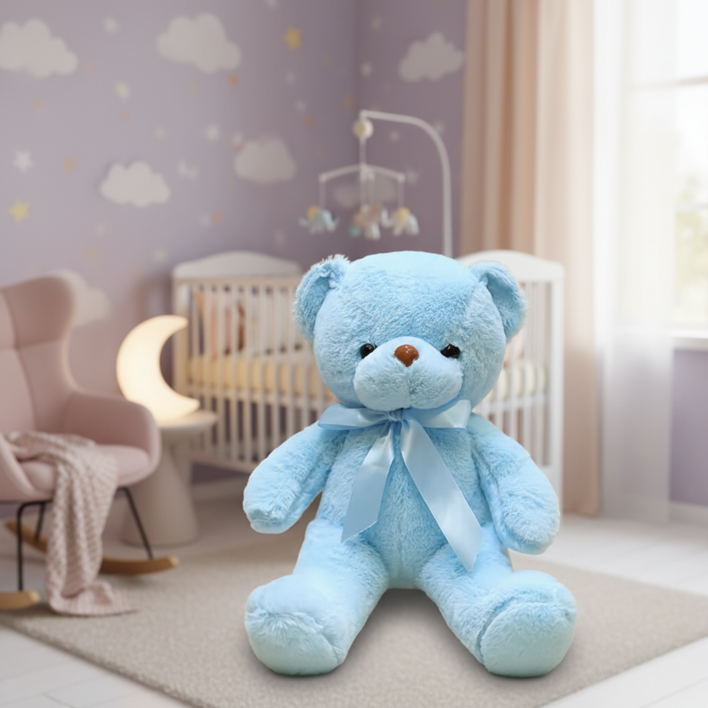 Ours en peluche bleu dans un décor de rêve