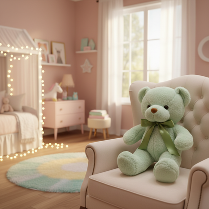 Ours en peluche vert menthe dans une chambre élégante