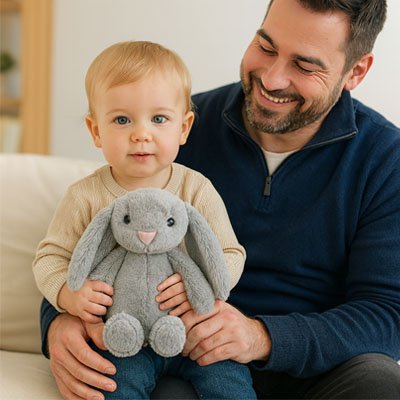Papa et bébé heureux avec peluche lapin gris 