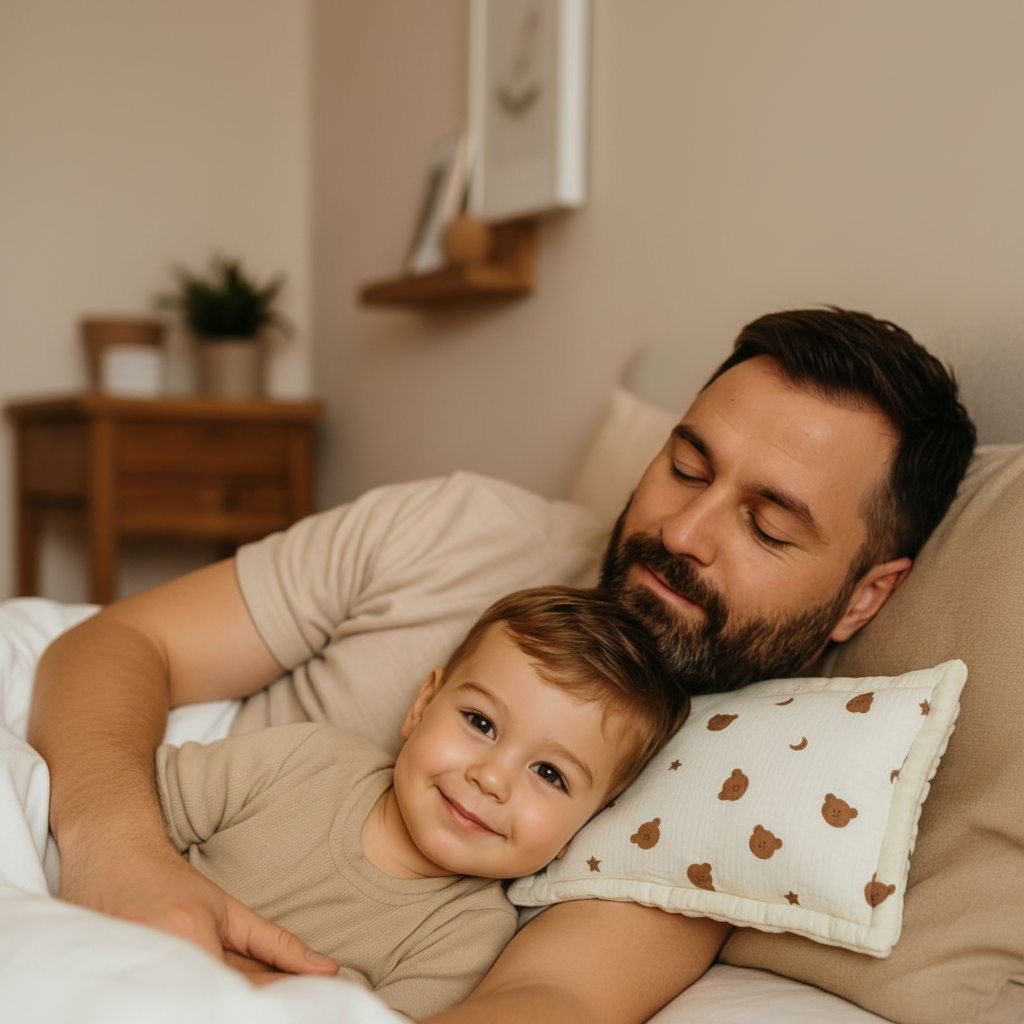 Papa et enfant avec oreiller oursons