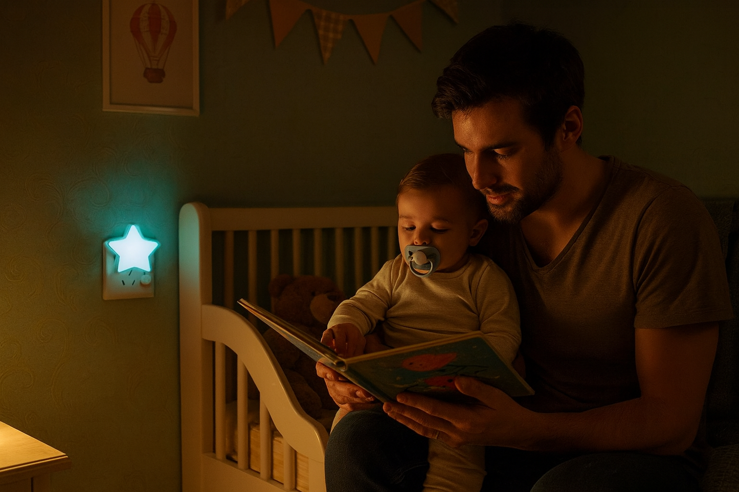 Papa lecture avec veilleuse étoile bleue