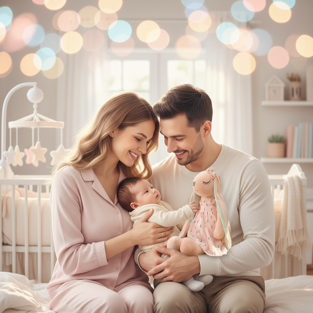 Parents et bébé moment tendre avec peluche