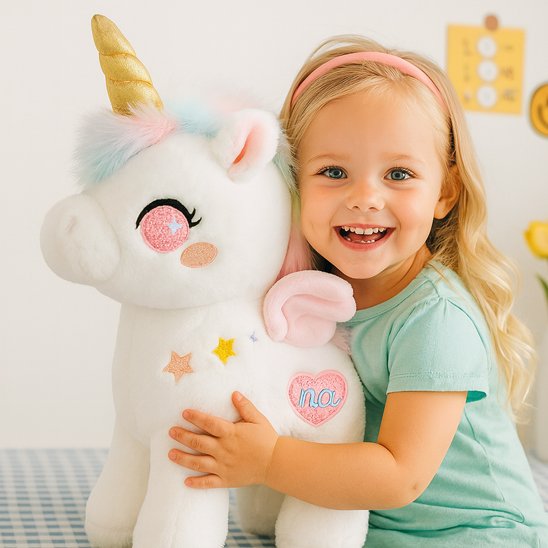 Peluche bébé licorne blanche avec coeur rose 