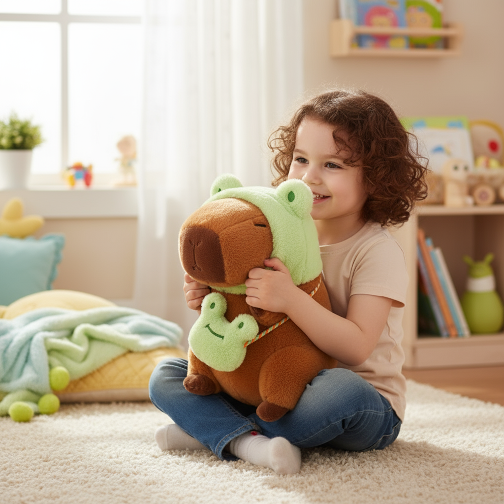 Peluche capybara avec bonnet grenouille verte 