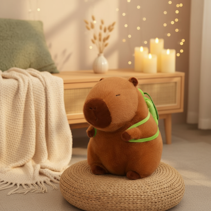 Peluche capybara dans décor chaleureux et doux