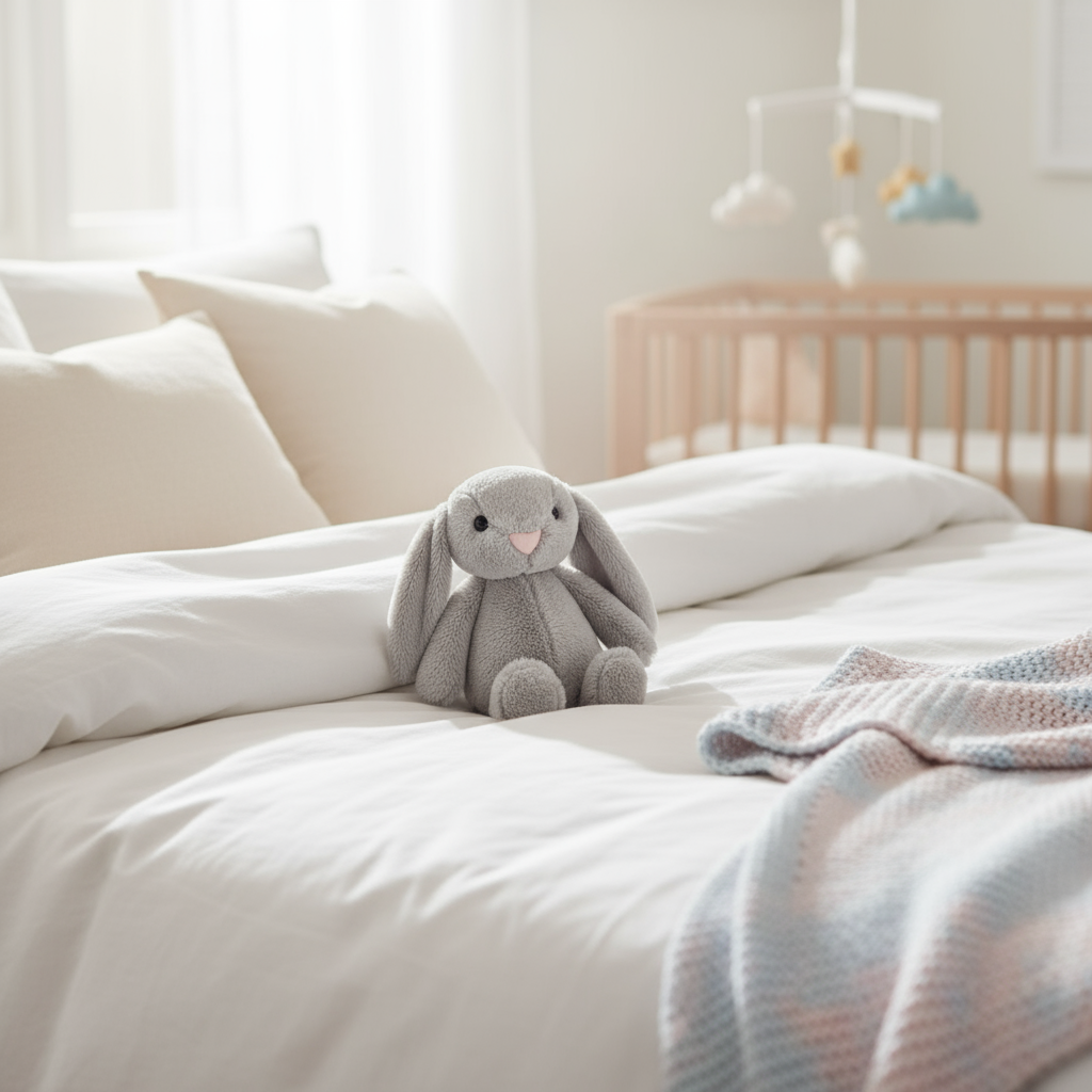 Peluche lapin dans un décor doux et apaisant