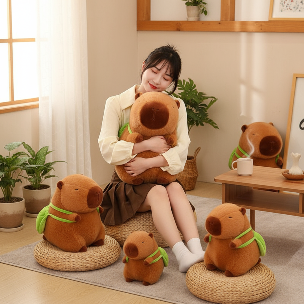 Personne heureuse avec collection de peluches capybara