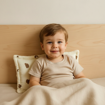 Petit garçon avec oreiller oursons