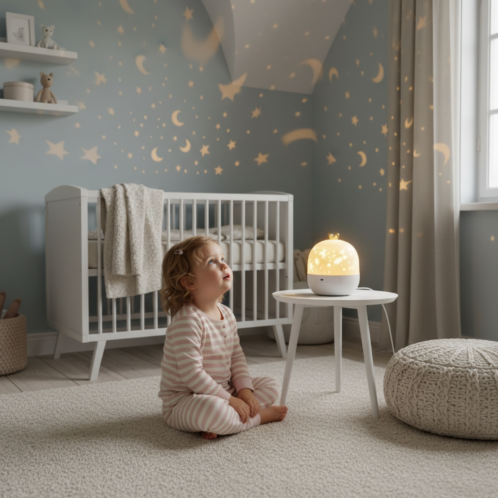 Petite fille admirant la veilleuse projecteur avec étoile