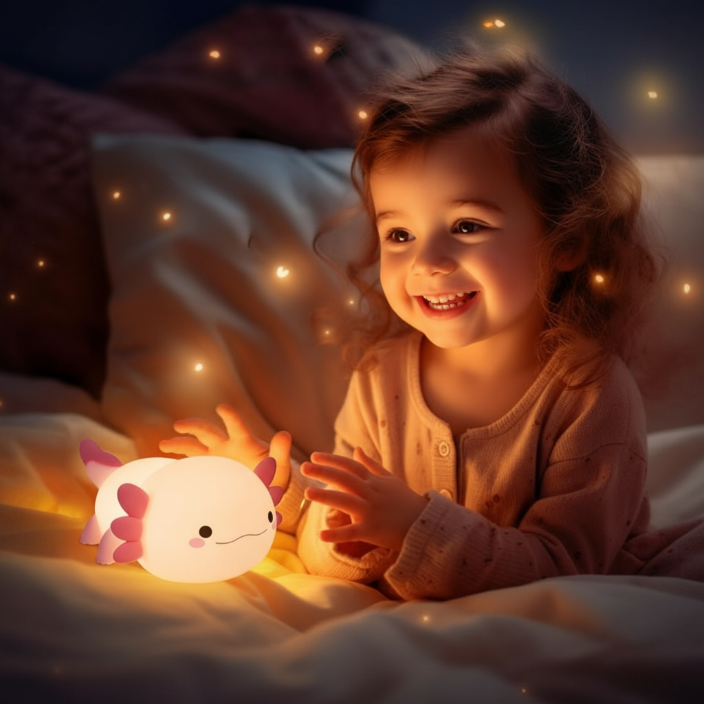 Petite fille heureuse avec sa veilleuse axolotl