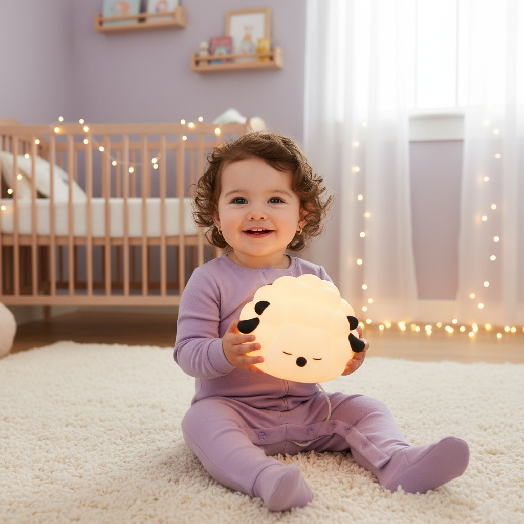Petite fille mignonne avec cheveux bouclés et veilleuse mouton