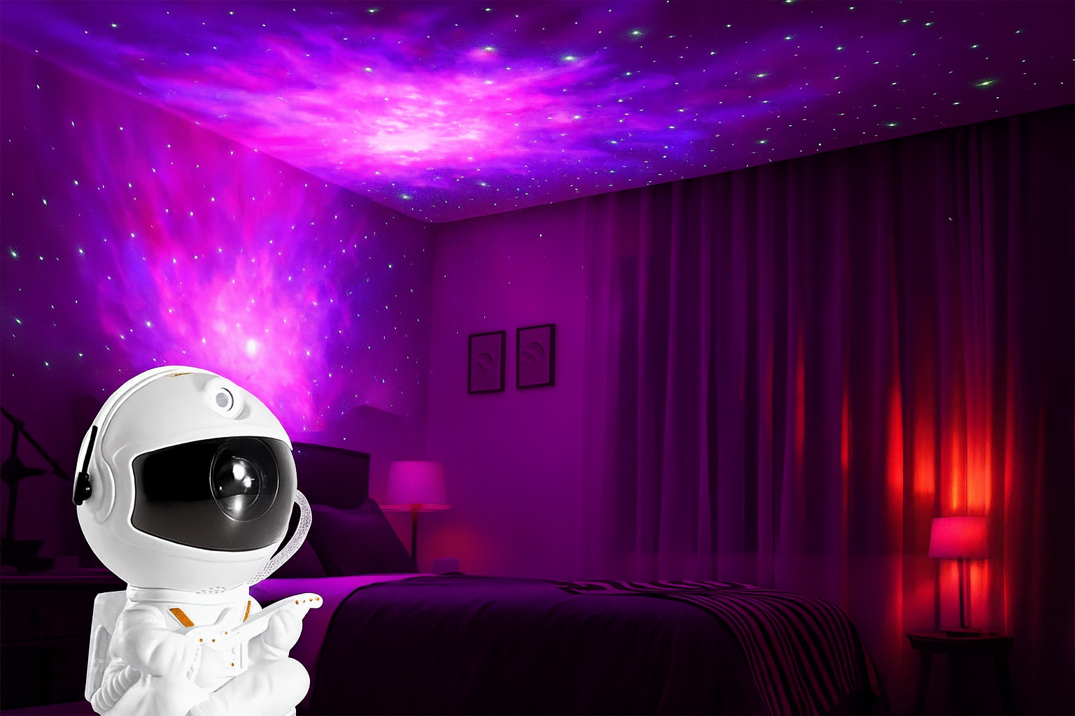 Projection violette dans une chambre cosy  