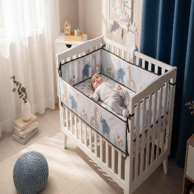 Tour de lit éléphants et nuages avec bébé éveillé