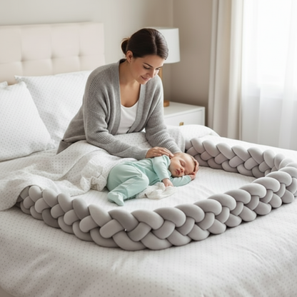 Tresse de lit grise chaleureuse avec maman et bébé