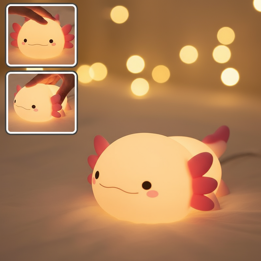 Veilleuse bébé axolotl dans un décor chaleureux