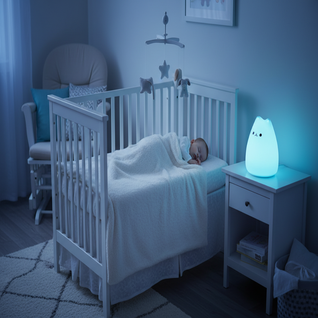 VEILLEUSE CHAT LUMIERE BLEUE AVEC BEBE ENDORMI 