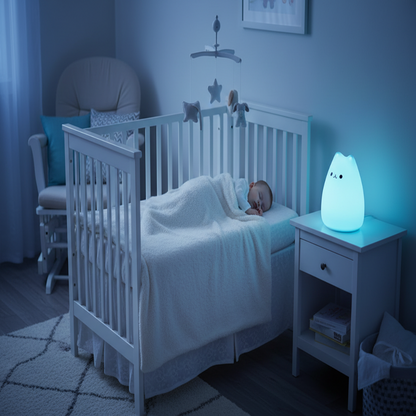 VEILLEUSE CHAT LUMIERE BLEUE AVEC BEBE ENDORMI 