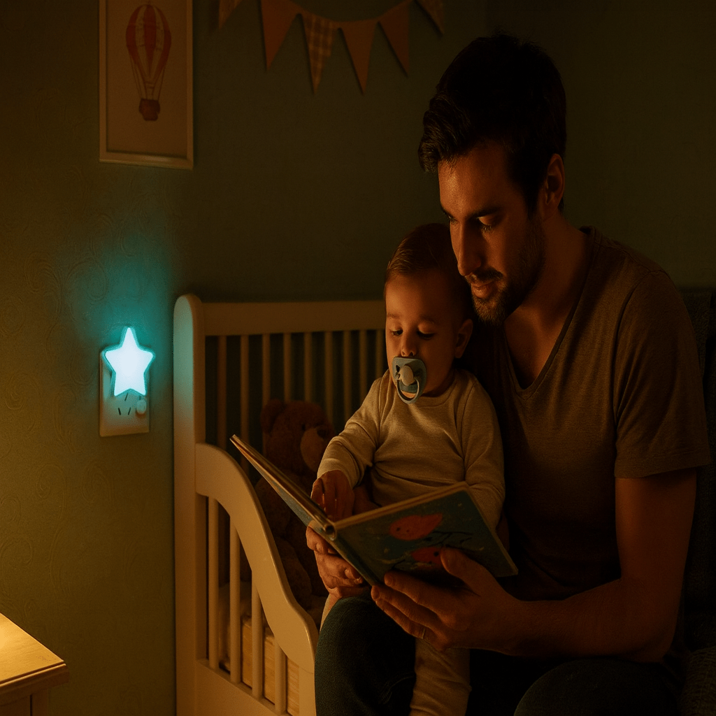 Veilleuse Etoile - StarGlowLED™ - Bleue avec papa et bébé